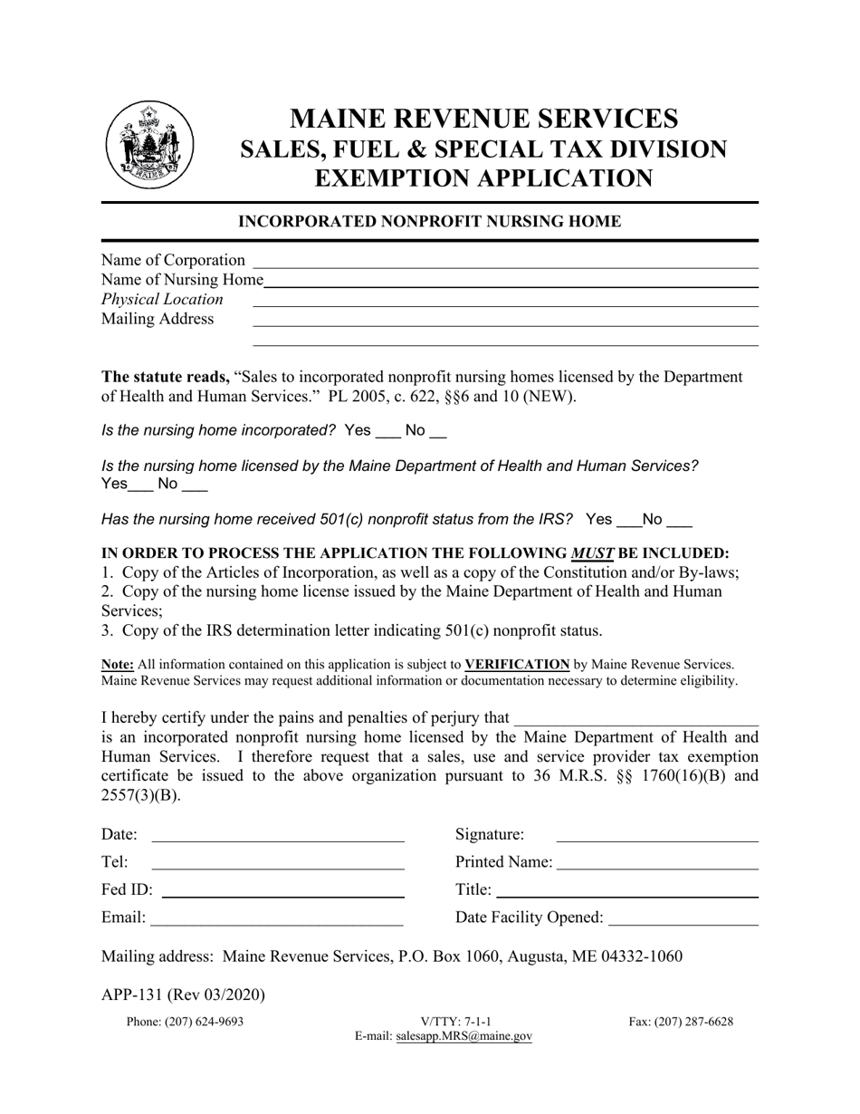 Form APP-131 Incorporated Nonprofit Nursing Home Exemption Application - Maine, Page 1