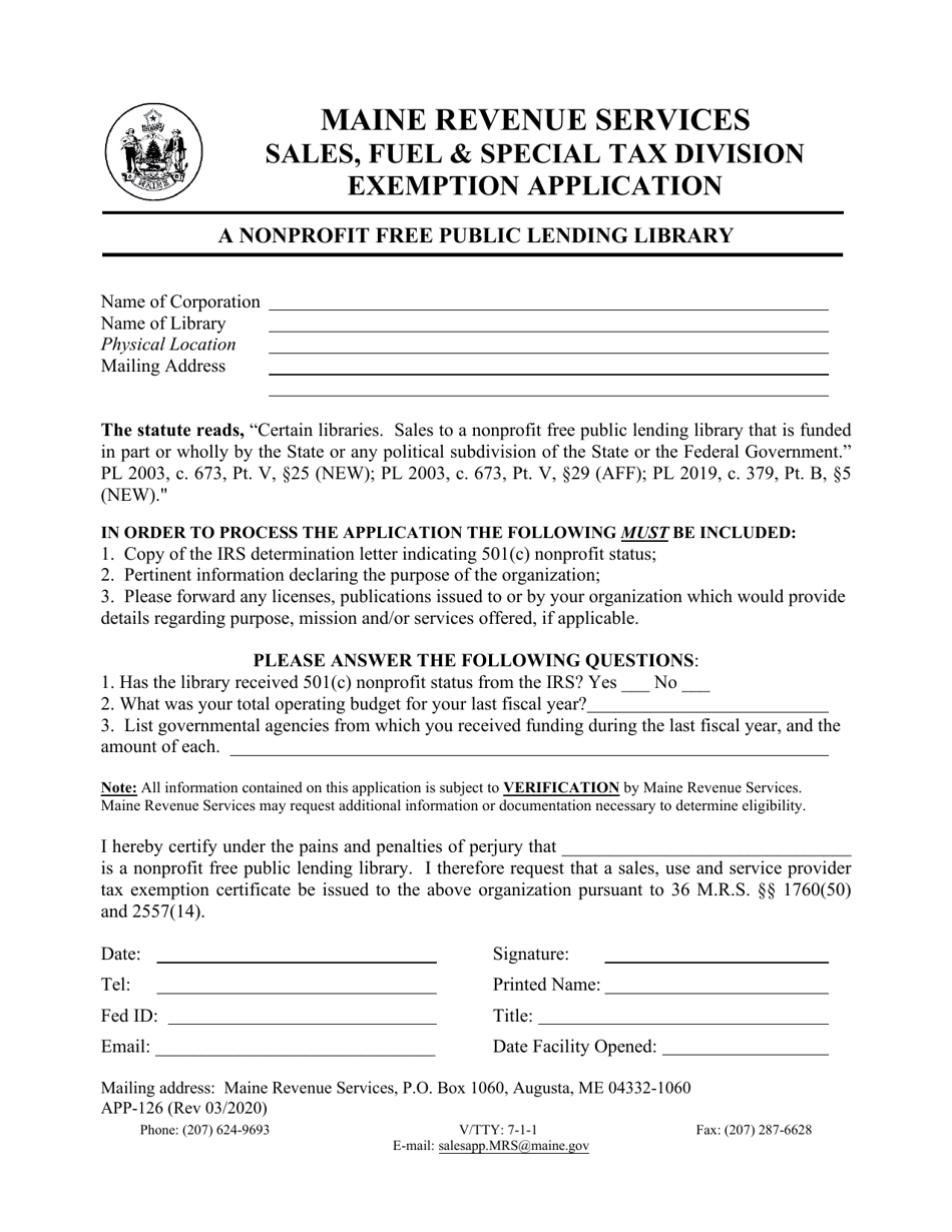 Form APP-126 A Nonprofit Free Public Lending Library Exemption Application - Maine, Page 1