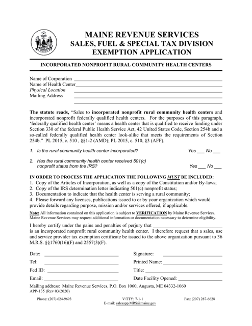 Form APP-135 Incorporated Nonprofit Rural Community Health Centers Exemption Application - Maine