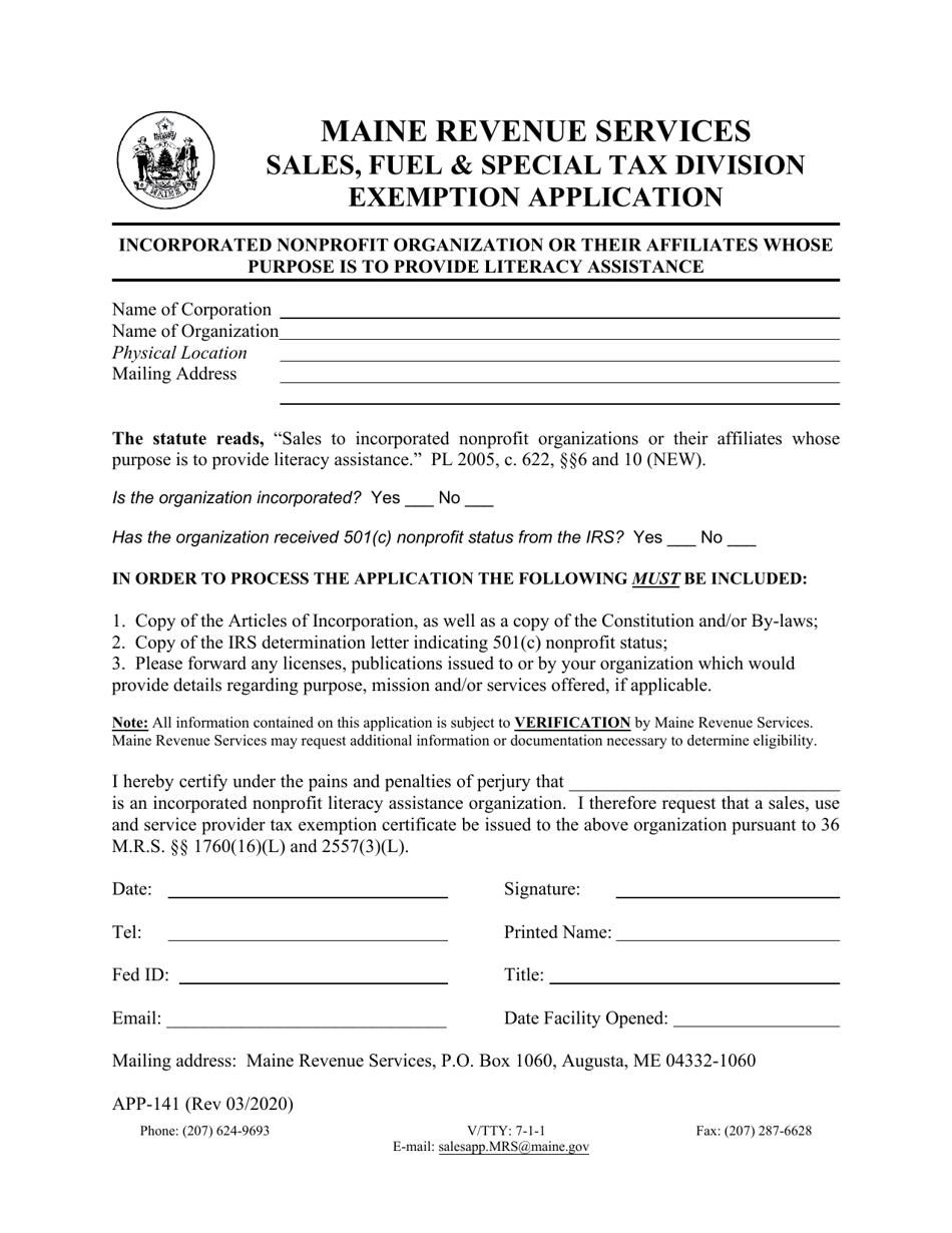 Form APP-141 Incorporated Nonprofit Organization or Their Affiliates Whose Purpose Is to Provide Literacy Assistance Exemption Application - Maine, Page 1