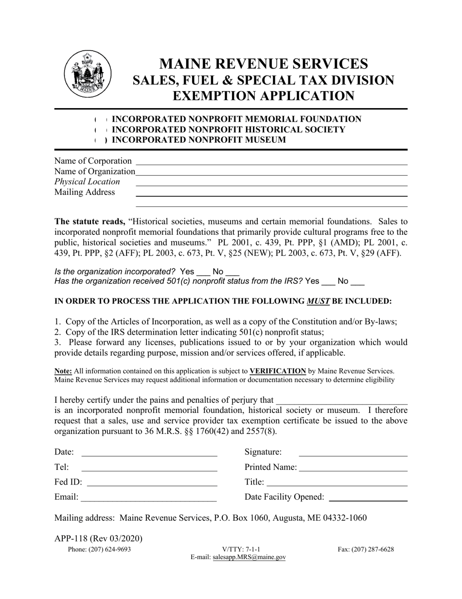 Form APP-118 Historical Societies  Museums Exemption Application - Maine, Page 1
