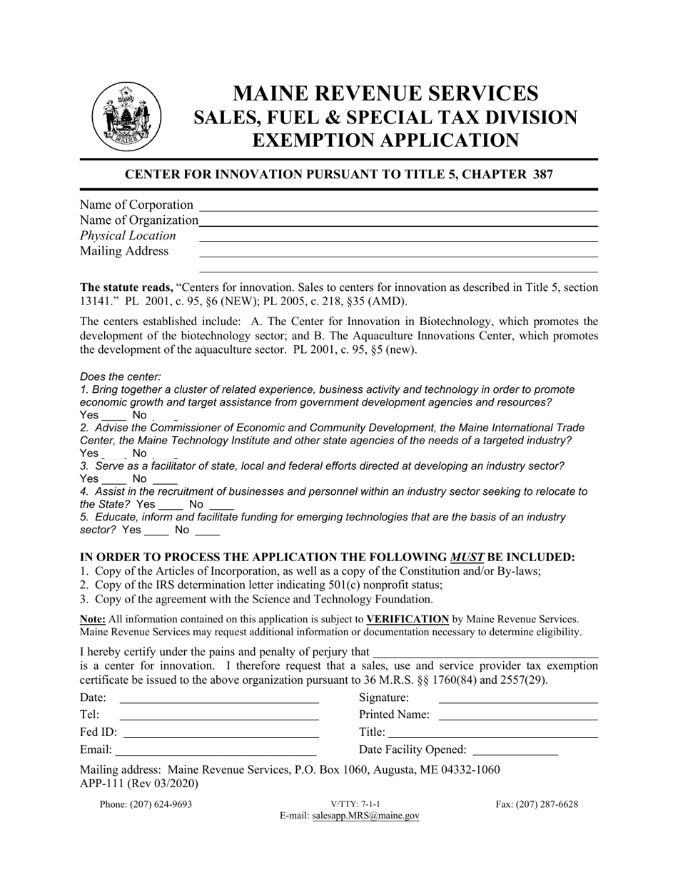 Form APP-111 Center for Innovation Pursuant to Title 5, Chapter 387 Exemption Application - Maine, Page 1