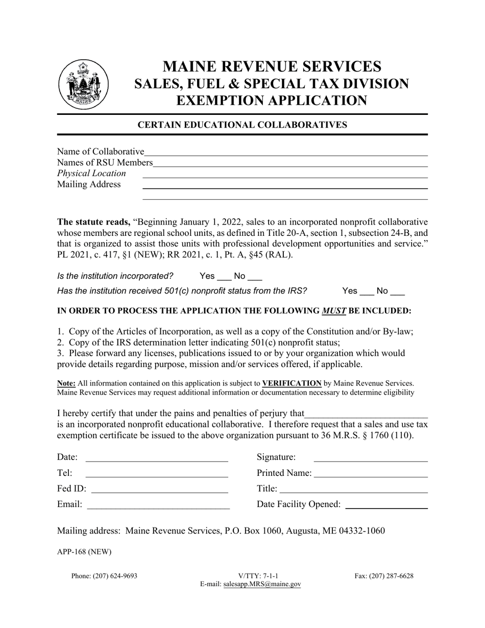 Form APP-168 Certain Educational Collaboratives Exemption Application - Maine, Page 1