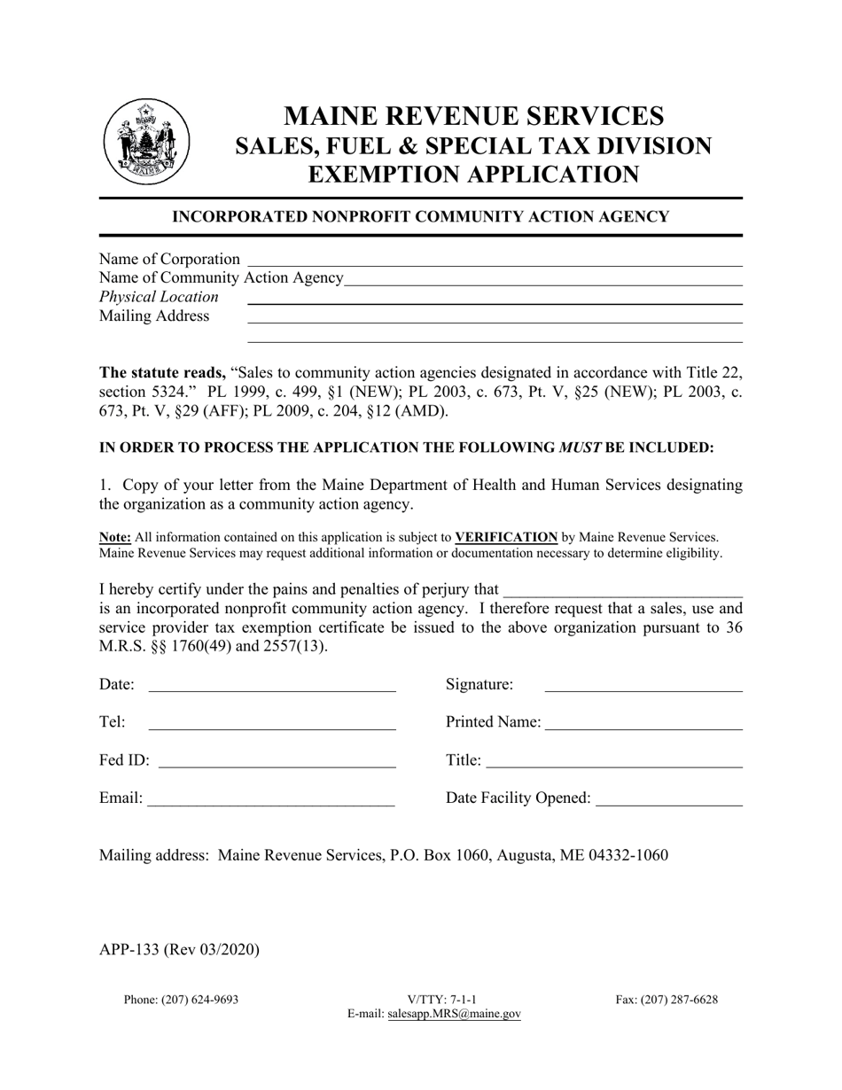 Form APP-133 Incorporated Nonprofit Community Action Agency Exemption Application - Maine, Page 1