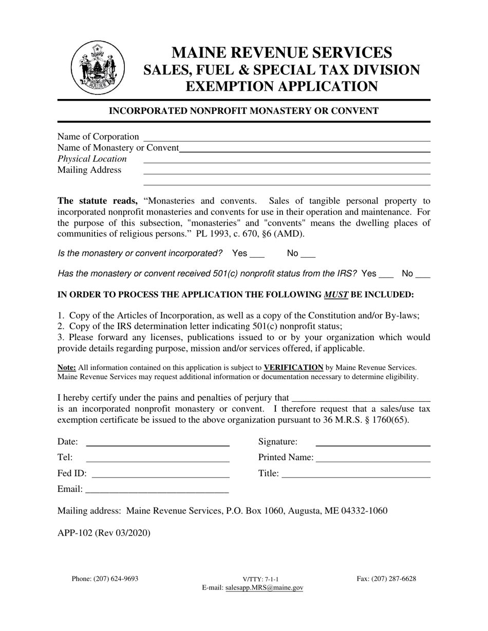 Form APP-102 Incorporated Nonprofit Monastery or Convent Exemption Application - Maine, Page 1