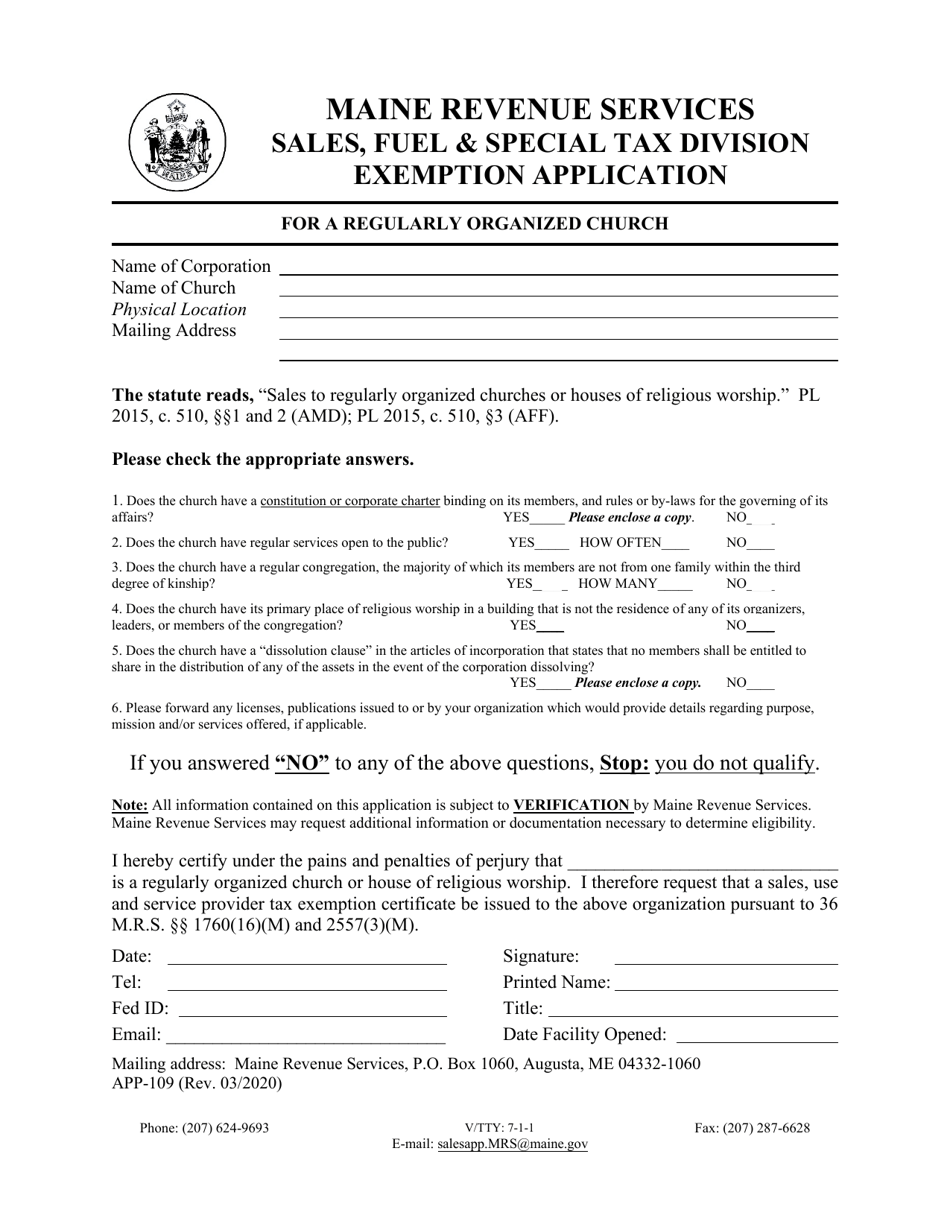 Form APP-109 Exemption Application for a Regularly Organized Church - Maine, Page 1