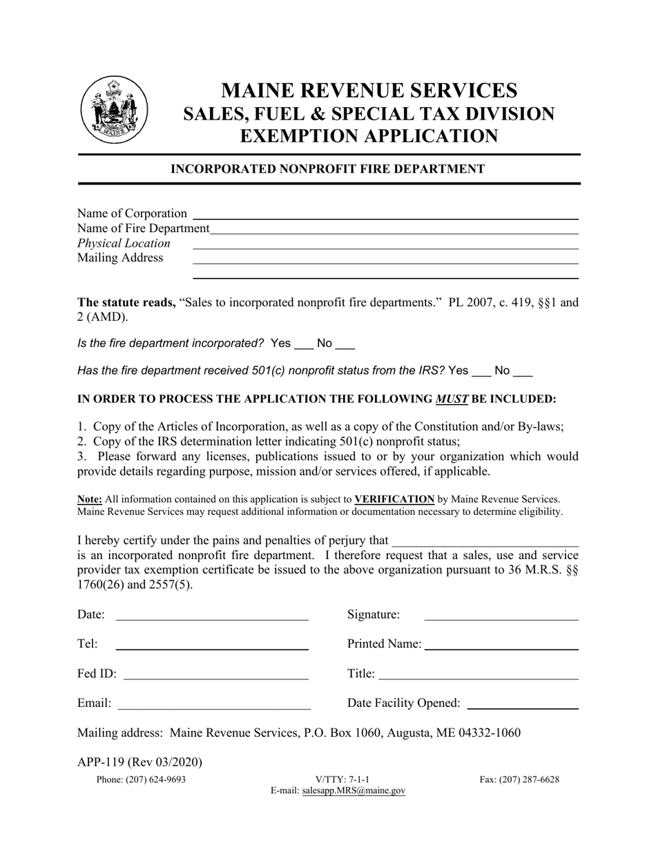 Form APP-119 Incorporated Nonprofit Fire Department Exemption Application - Maine, Page 1