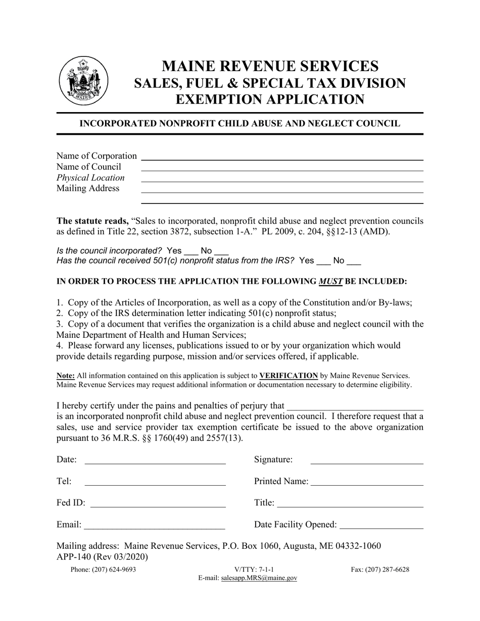 Form APP-140 Incorporated Nonprofit Child Abuse and Neglect Council Exemption Application - Maine, Page 1
