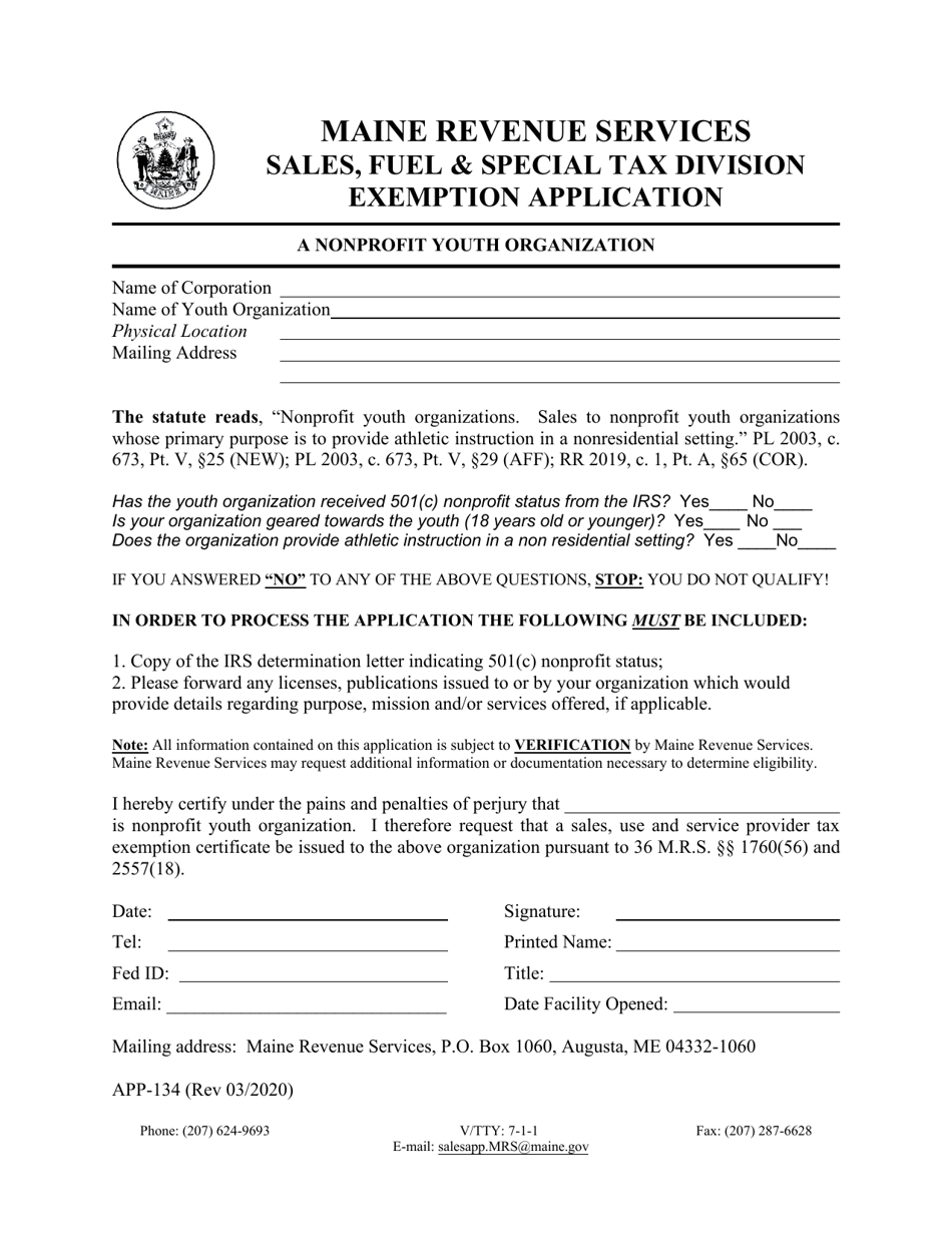 Form APP-134 A Nonprofit Youth Organization Exemption Application - Maine, Page 1