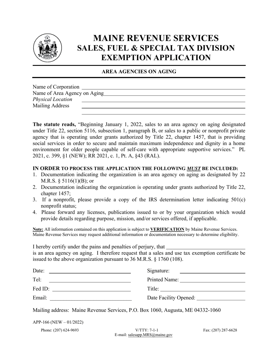 Form APP-166 Area Agencies on Aging Exemption Application - Maine, Page 1