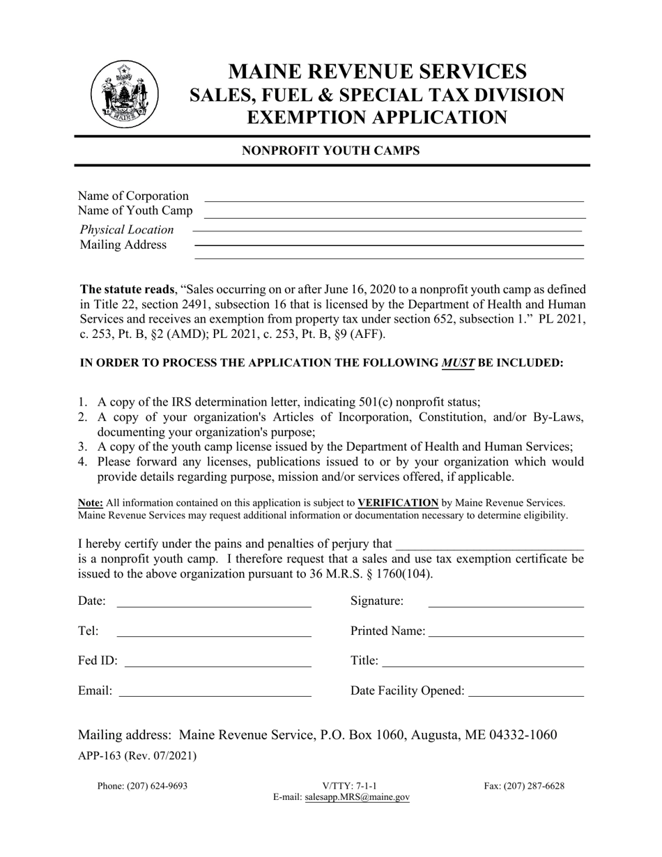 Form APP-163 Nonprofit Youth Camps Exemption Application - Maine, Page 1