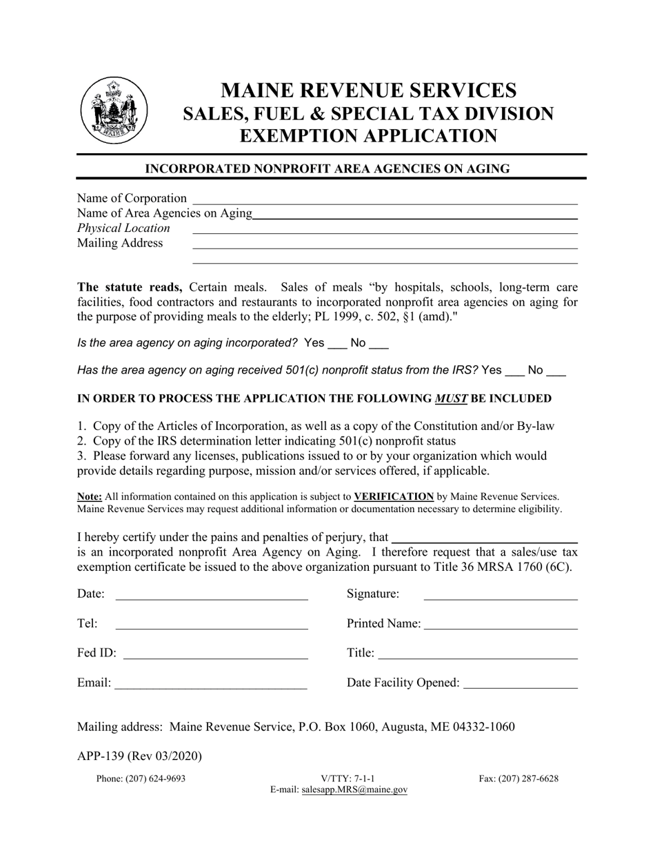 Form APP-139 Incorporated Nonprofit Area Agencies on Aging Exemption Application - Maine, Page 1