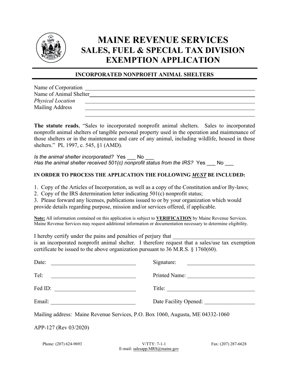 Form APP-127 Incorporated Nonprofit Animal Shelters Exemption Application - Maine, Page 1