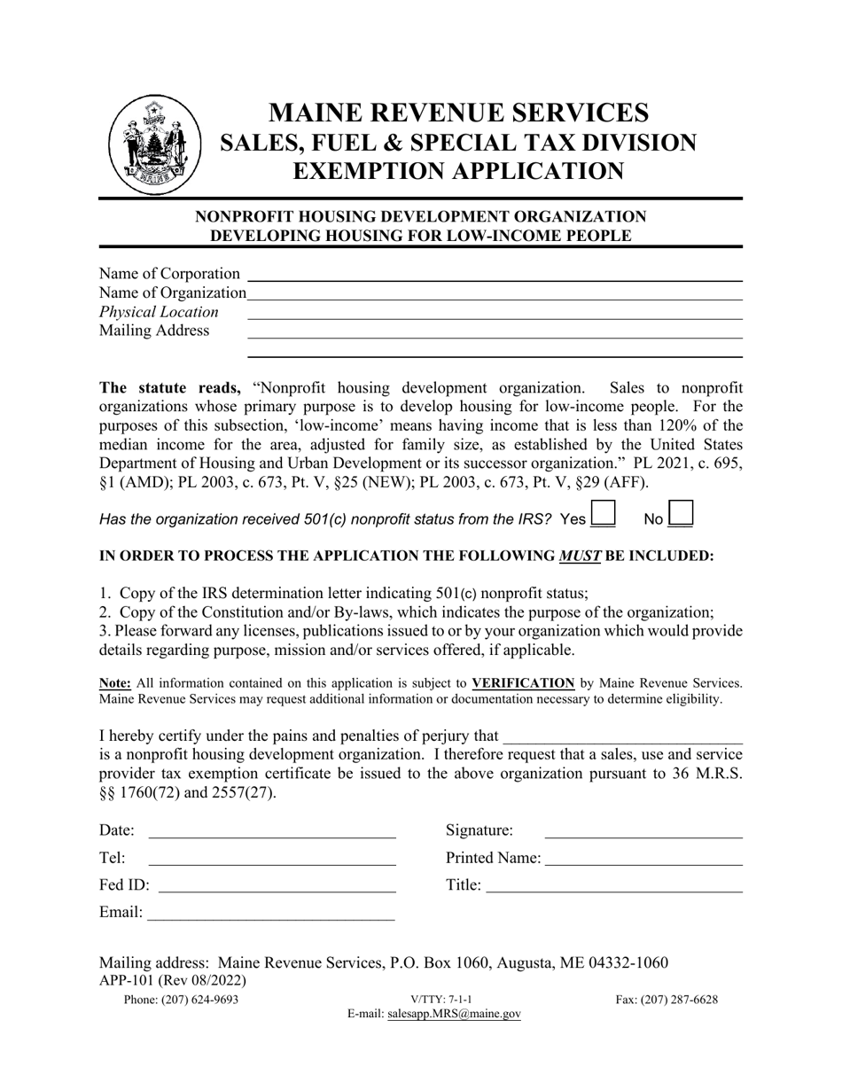 Form APP-101 Nonprofit Housing Development Organization Developing Housing for Low-Income People Exemption Application - Maine, Page 1