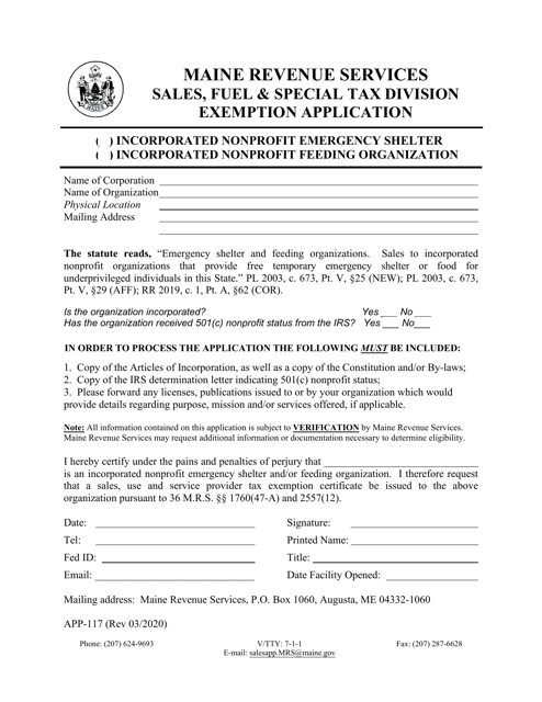 Form APP-117 Emergency Shelter and Feeding Organizations Exemption Application - Maine