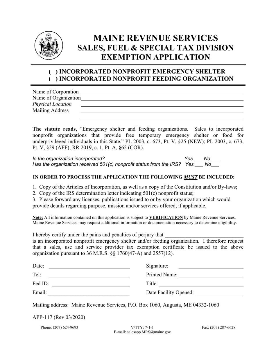 Form APP-117 Emergency Shelter and Feeding Organizations Exemption Application - Maine, Page 1