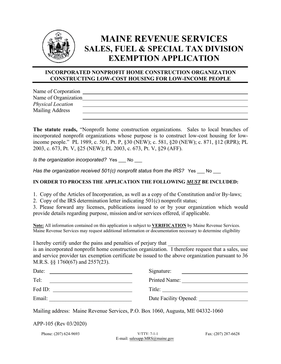 Form APP-105 Incorporated Nonprofit Home Construction Organization Constructing Low-Cost Housing for Low-Income People Exemption Application - Maine, Page 1