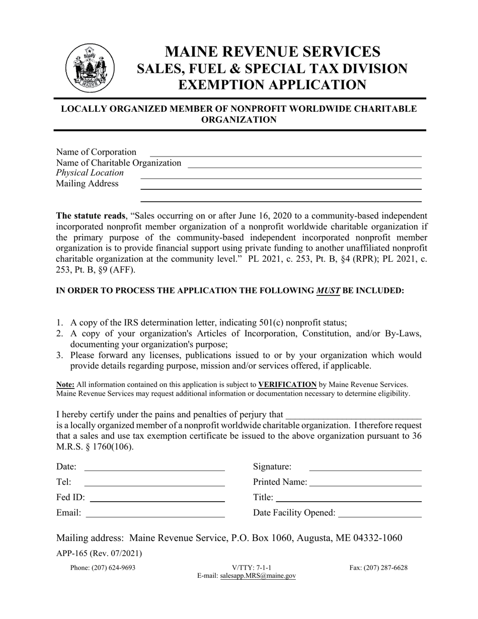 Form APP-165 Locally Organized Member of Nonprofit Worldwide Charitable Organization Exemption Application - Maine, Page 1
