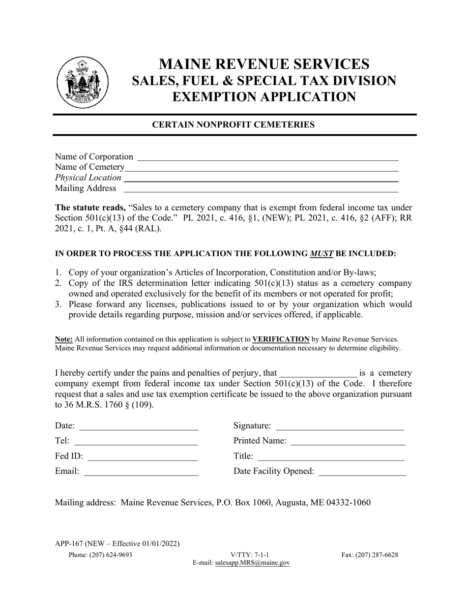 Form APP-167 Certain Nonprofit Cemeteries Exemption Application - Maine, Page 1