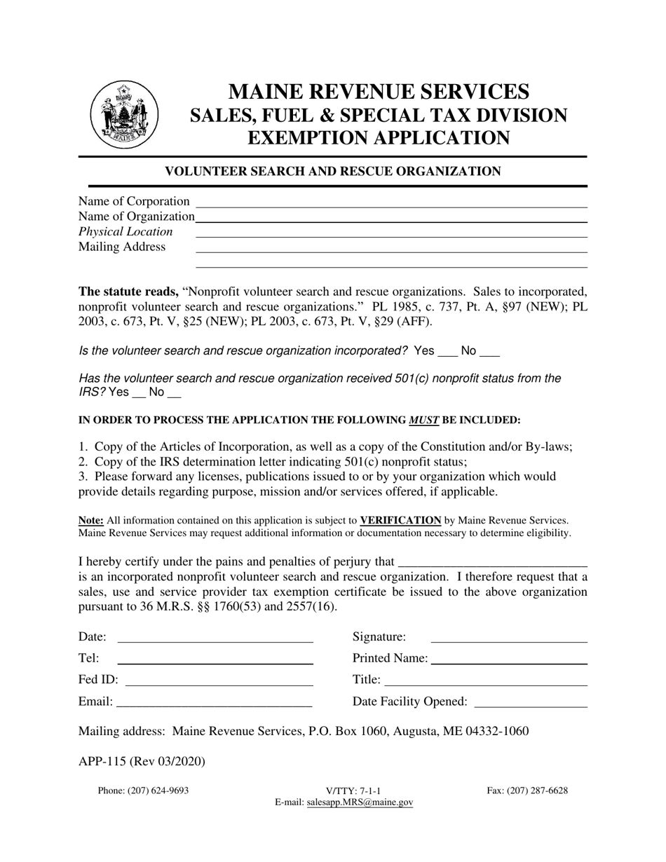Form APP-115 Volunteer Search and Rescue Organization Exemption Application - Maine, Page 1