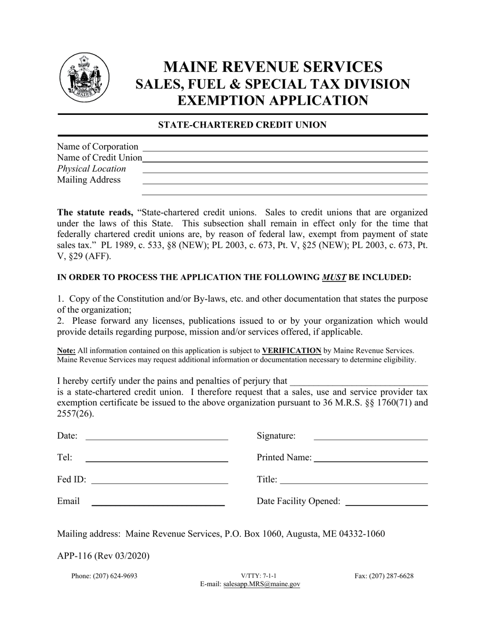 Form APP-116 State-Chartered Credit Union Exemption Application - Maine, Page 1