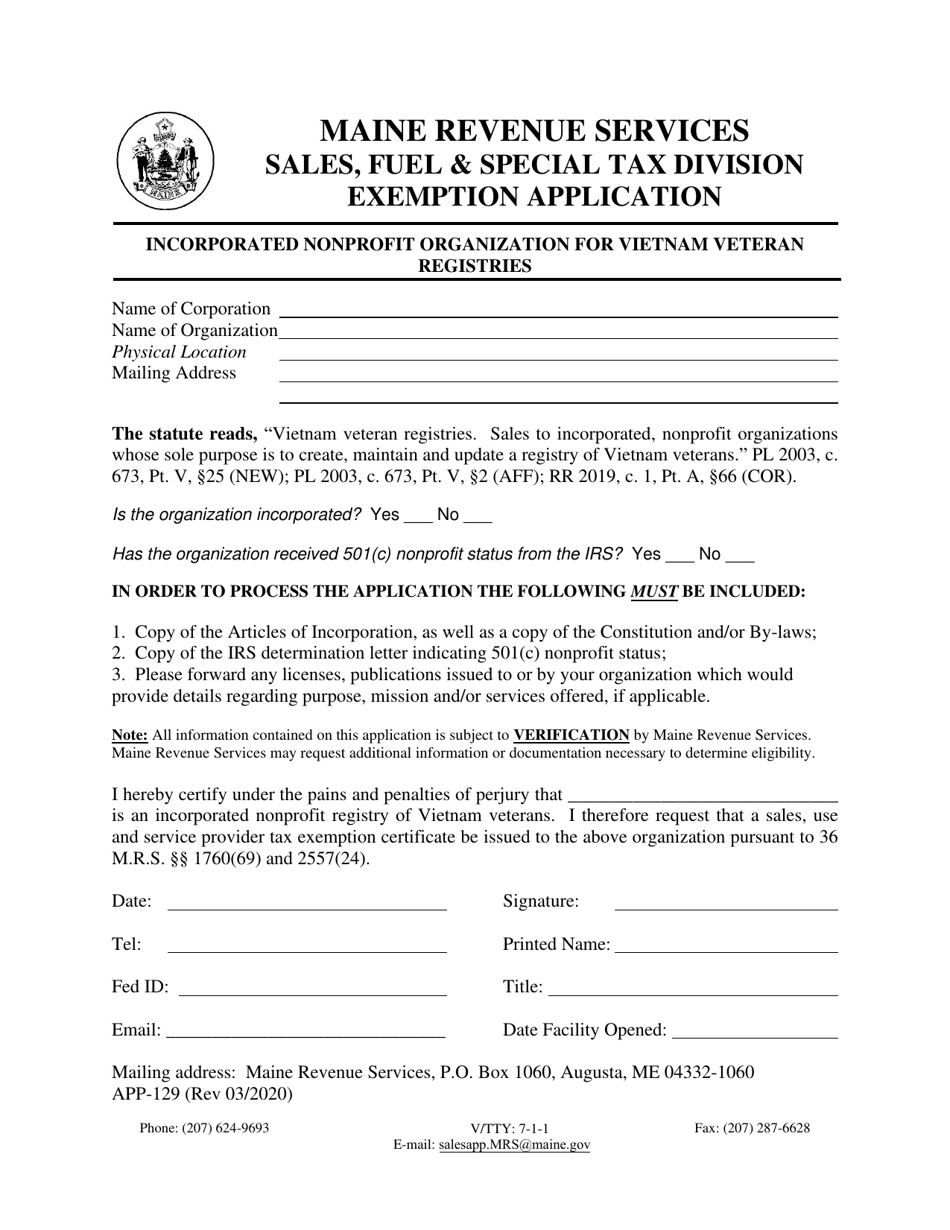 Form APP-129 Incorporated Nonprofit Organization for Vietnam Veteran Registries Exemption Application - Maine, Page 1