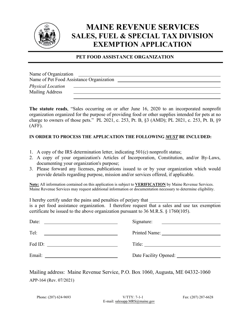 Form APP-164 Pet Food Assistance Organization Exemption Application - Maine, Page 1