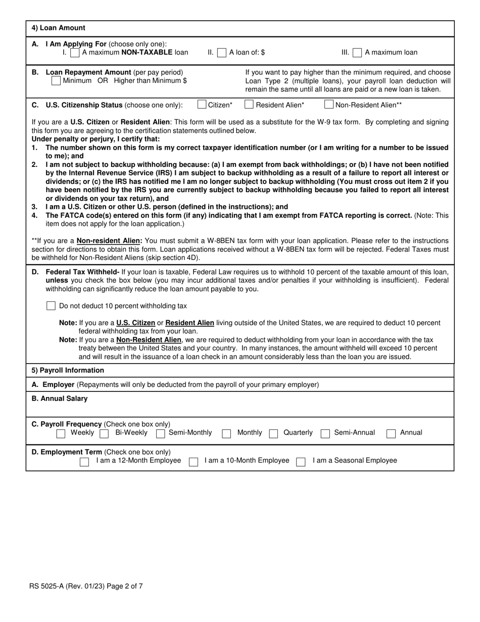 Form RS5025-A Tiers 3, 4, 5  6 Loan Application (For Members Covered by Articles 14, 15 or 22) - New York, Page 2