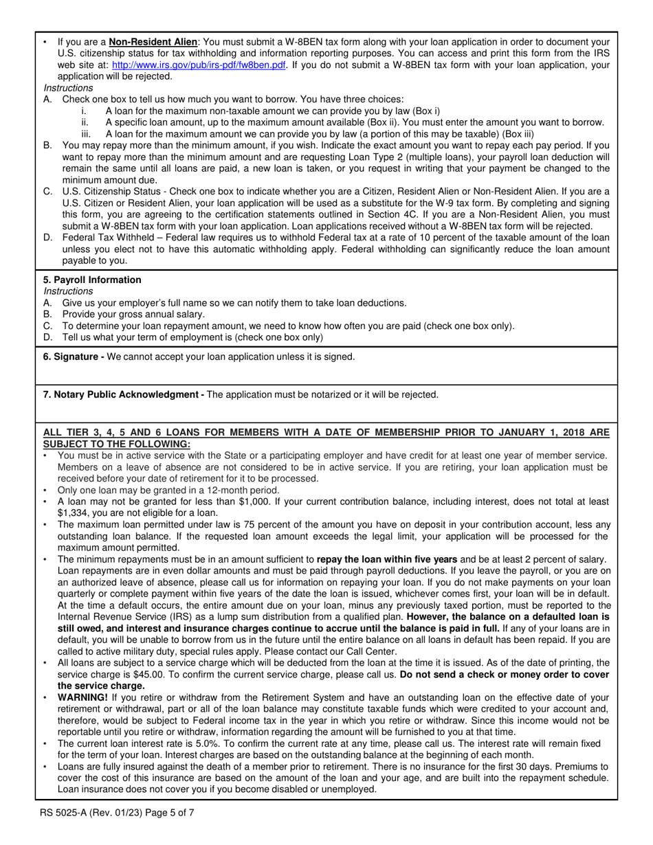 Form RS5025-A Tiers 3, 4, 5  6 Loan Application (For Members Covered by Articles 14, 15 or 22) - New York, Page 5