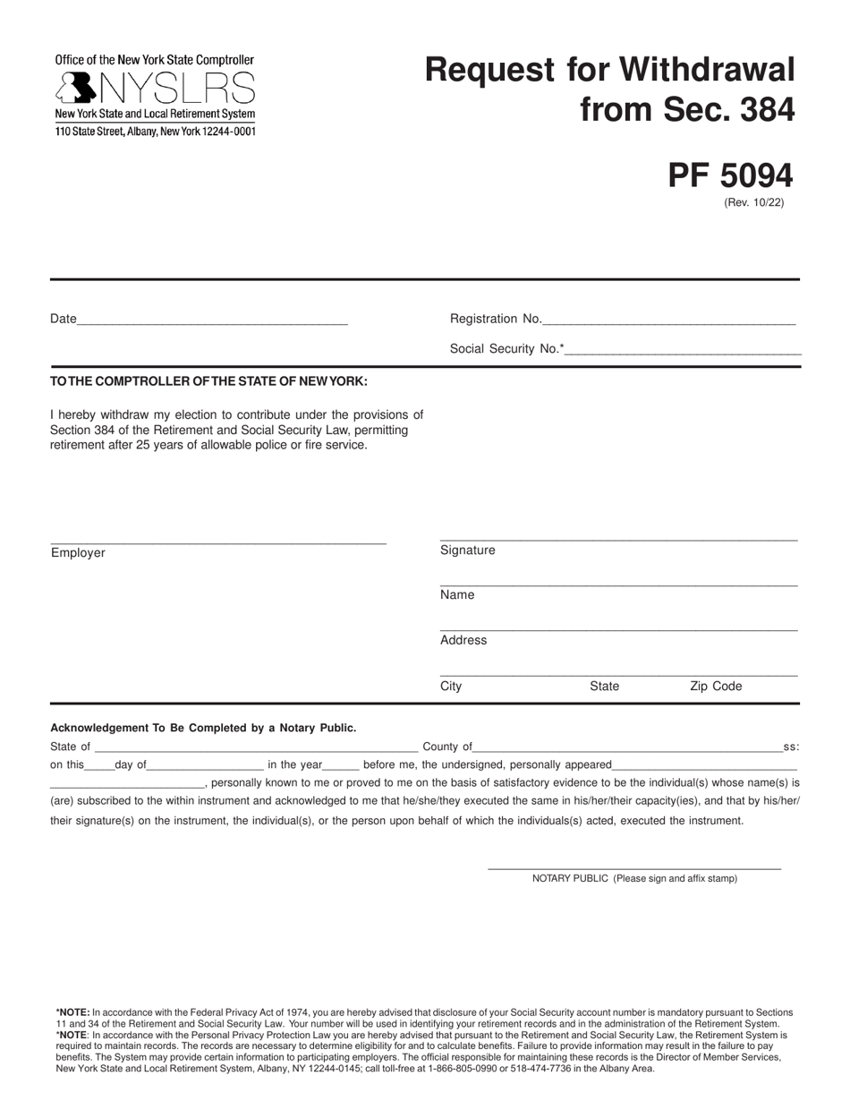 Form PF5094 Request for Withdrawal From SEC. 384 - New York, Page 1