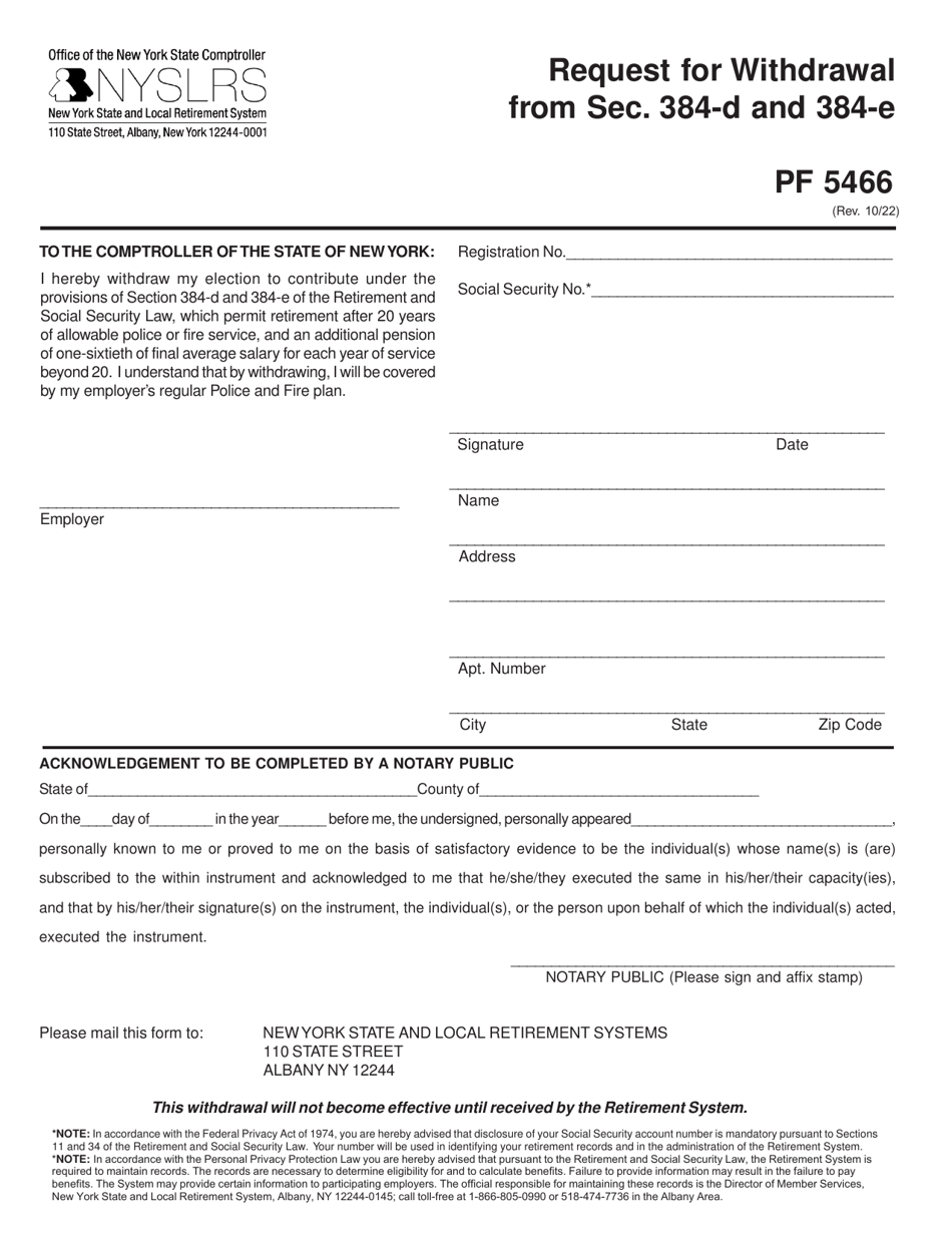 Form PF5466 Request for Withdrawal From SEC. 384-d and 384-e - New York, Page 1