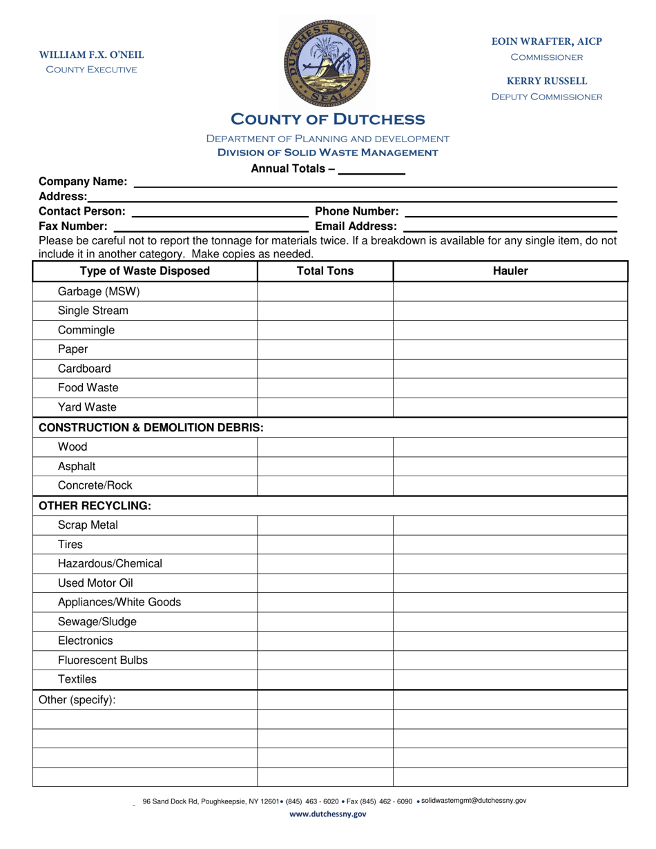 Annual Recycling Report Form - Business / General - Dutchess County, New York, Page 1