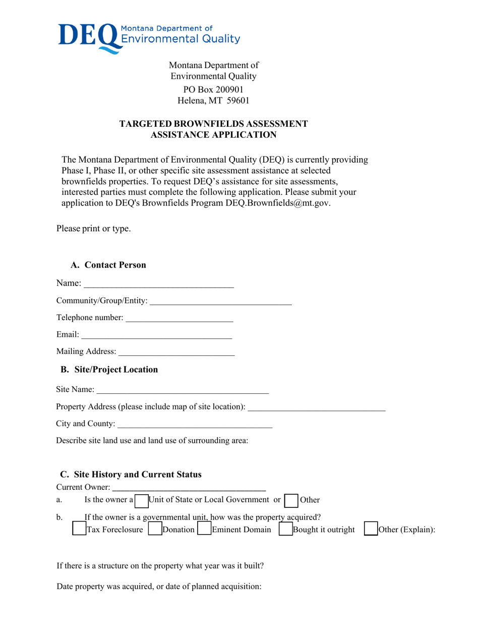 Targeted Brownfields Assessment Assistance Application - Montana, Page 1