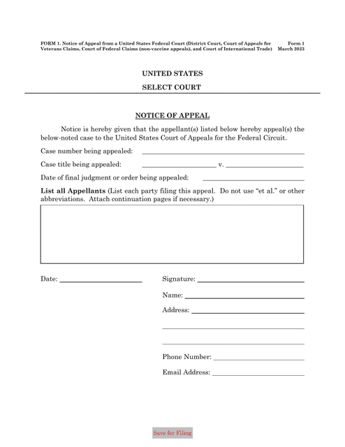 Form 1 Notice of Appeal From a United States Court