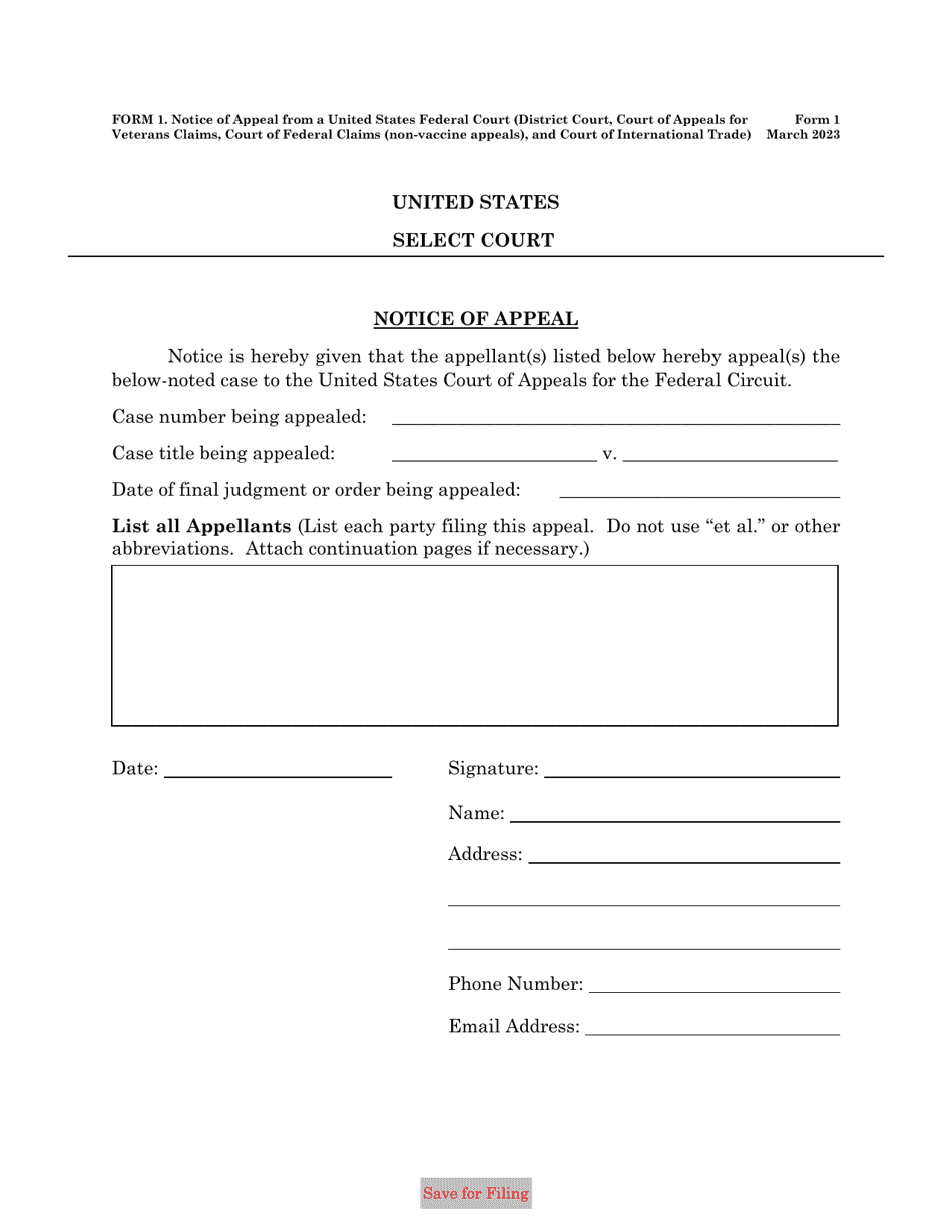 Form 1 Notice of Appeal From a United States Court, Page 1