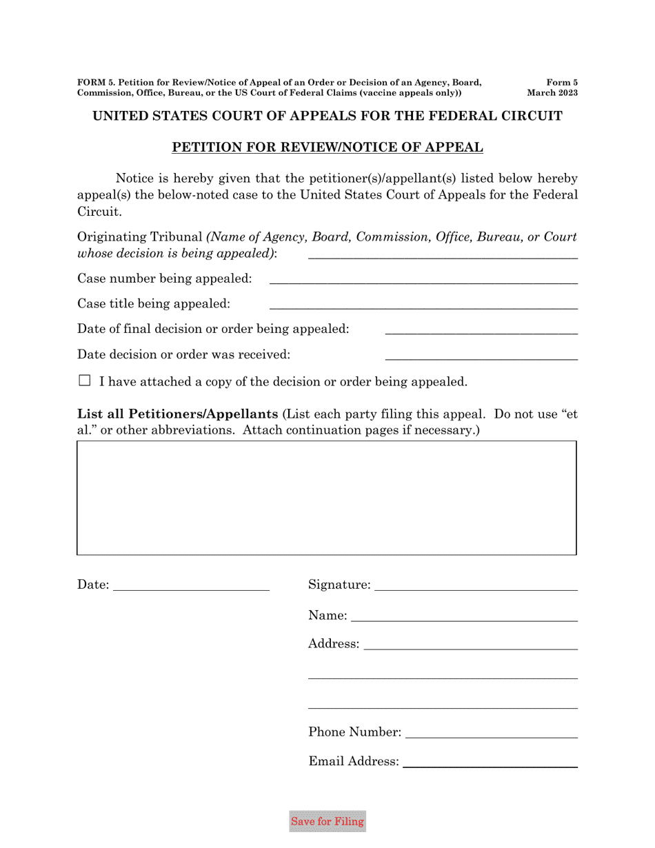 Form 5 Petition for Review / Notice of Appeal of an Order or Decision of an Agency, Board, Commission, Office, Bureau, or the US Court of Federal Claims (Vaccine Appeals Only), Page 1