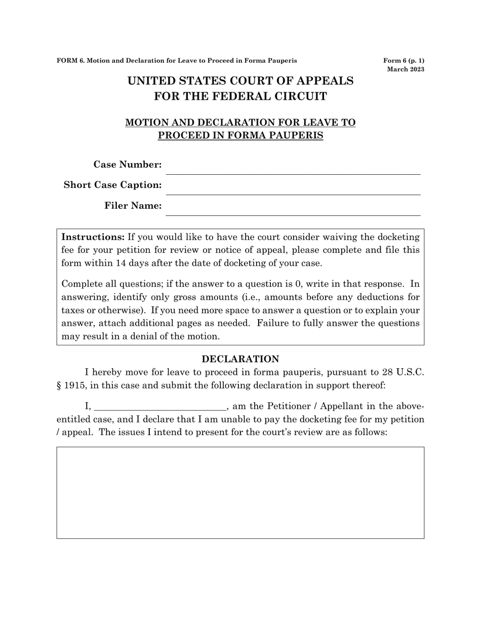 Form 6 Download Fillable PDF Or Fill Online Motion And Declaration For   Form 6 Motion And Declaration For Leave To Proceed In Forma Pauperis Print Big 