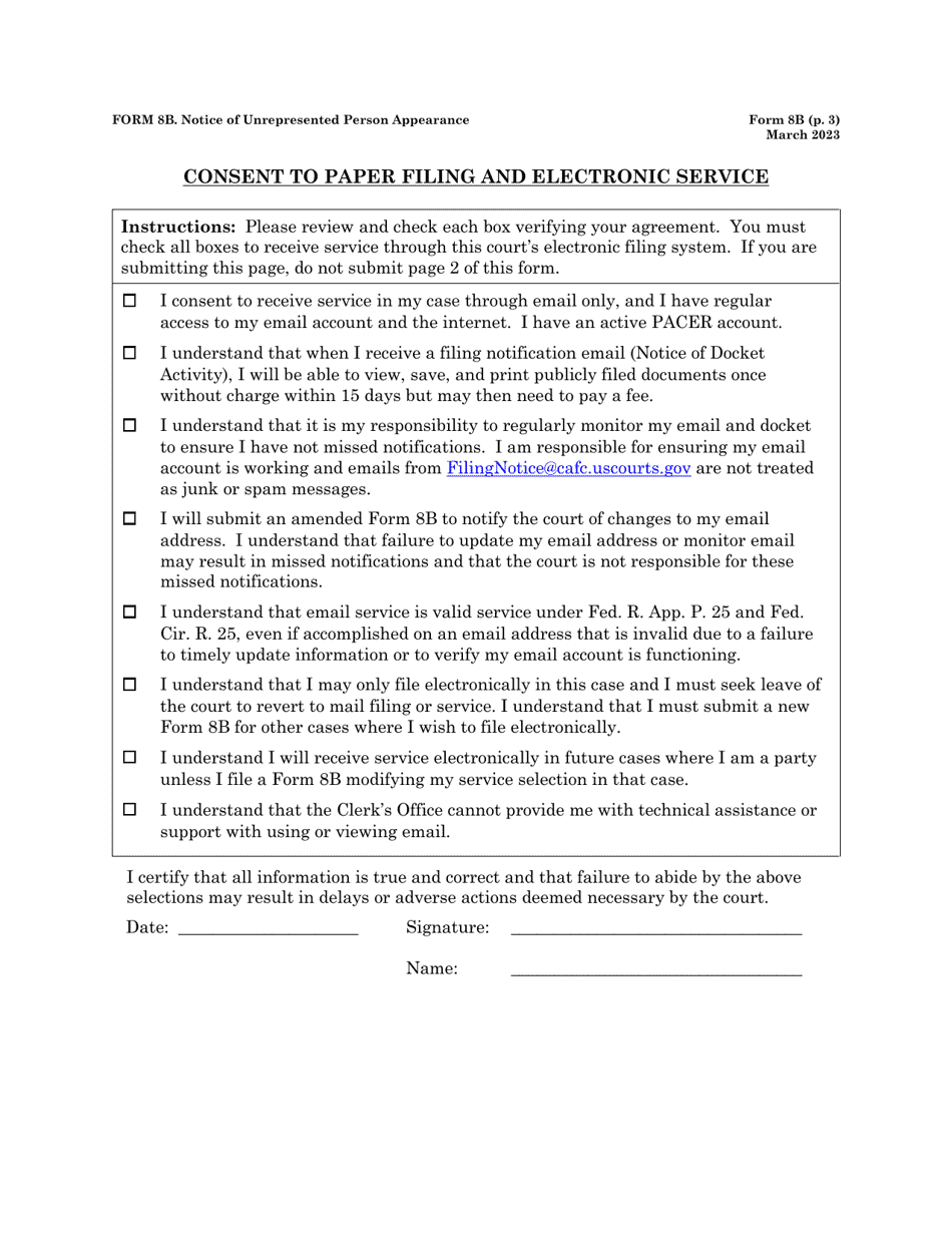 Form 8B Notice of Unrepresented Person Appearance, Page 3