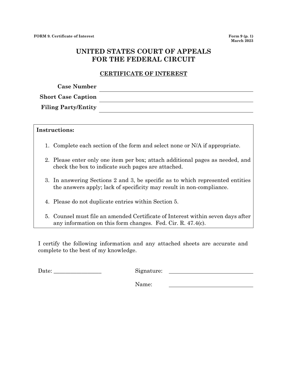 Form 9 Certificate of Interest, Page 1