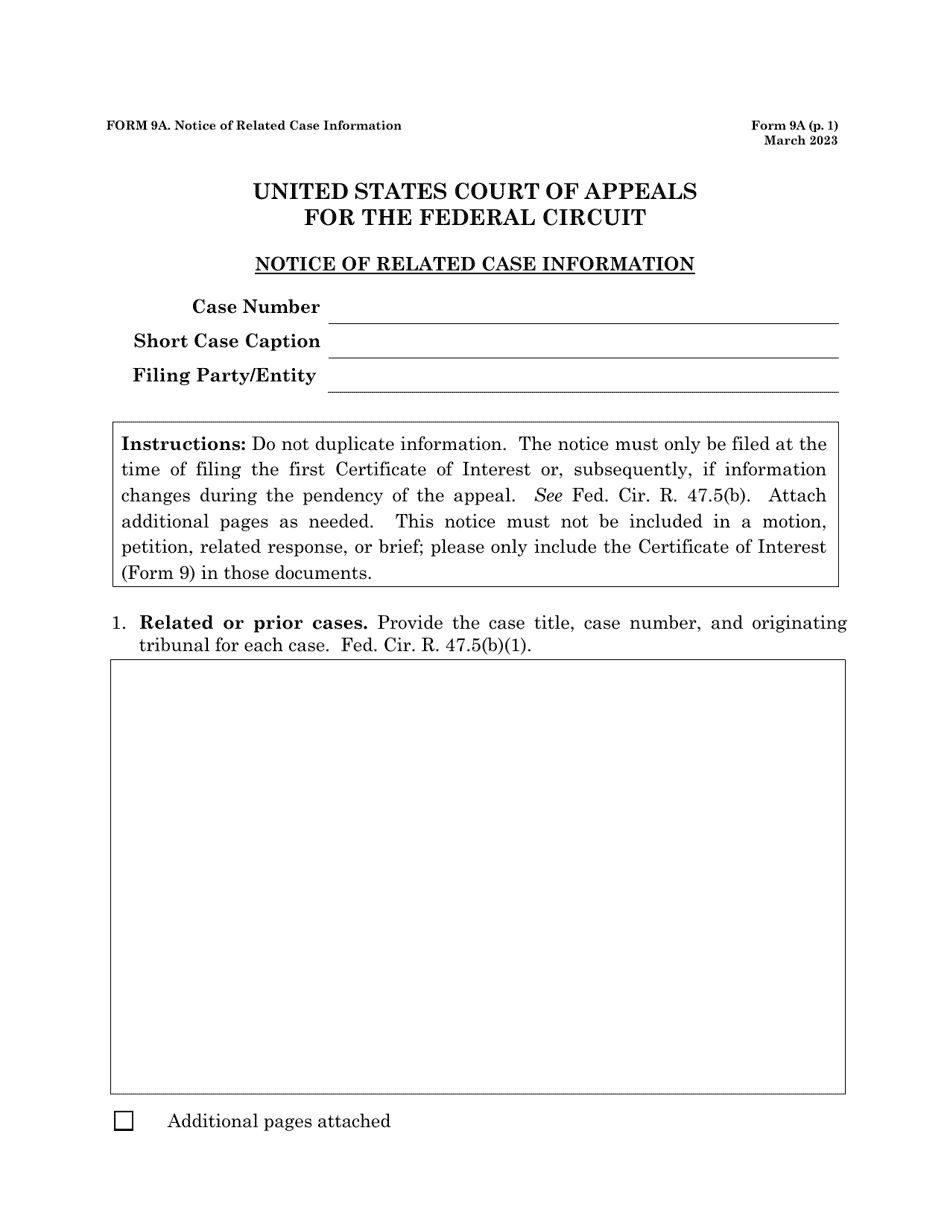 Form 9A Notice of Related Case Information, Page 1