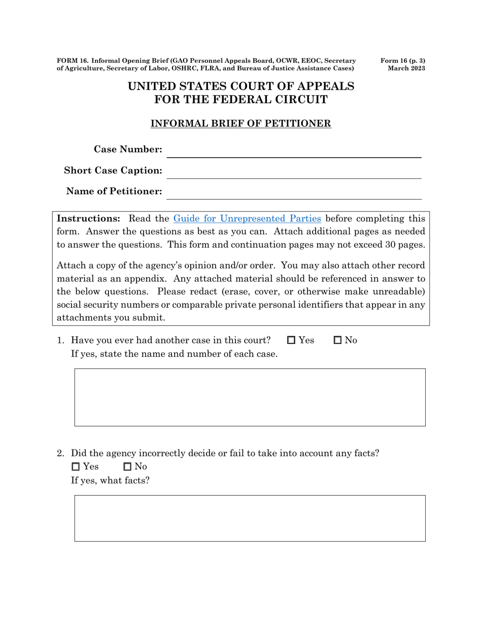 Form 16 Informal Brief (Gao, Ocwr, EEOC, Secretary of Agriculture, Secretary of Labor, Oshrc, FLRA, and Bureau of Justice Assistance Cases), Page 1