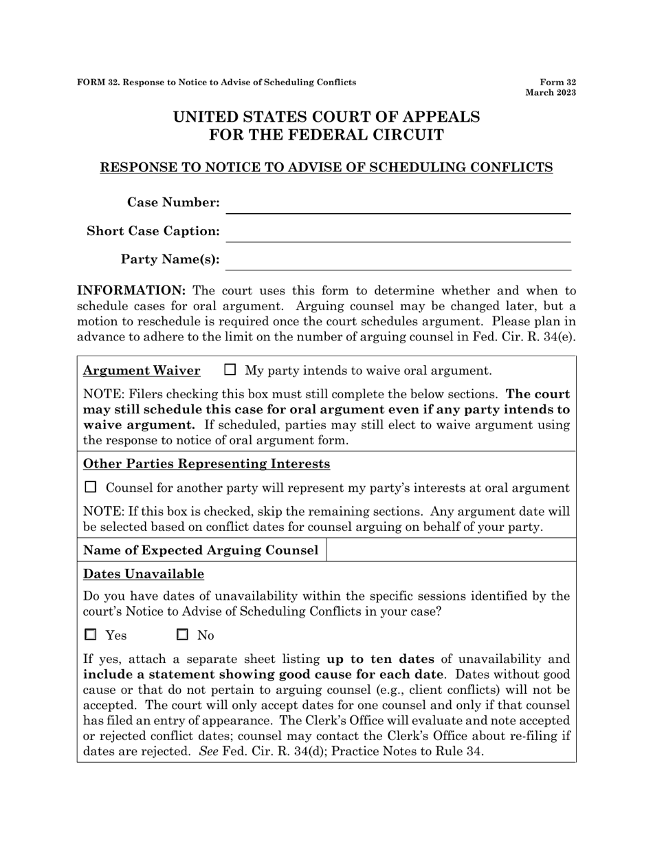 Form 32 Response to Notice to Advise of Scheduling Conflicts, Page 1