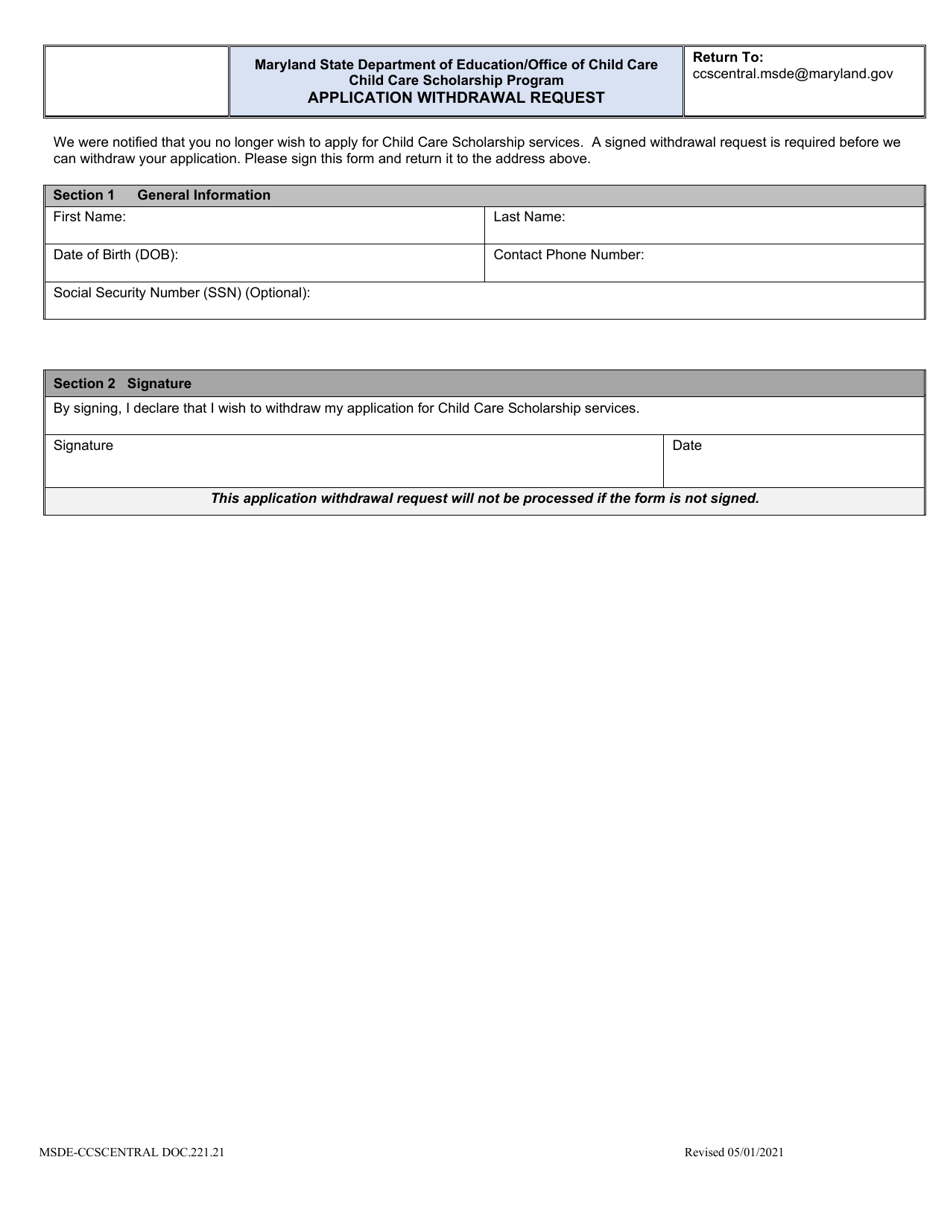Form DOC.221.21 Application Withdrawal Request - Child Care Scholarship Program - Maryland, Page 1