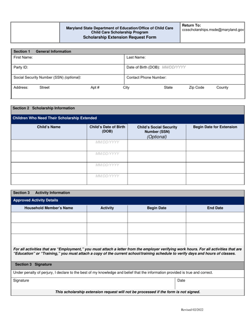 Maryland Scholarship Extension Request Form - Child Care Scholarship ...