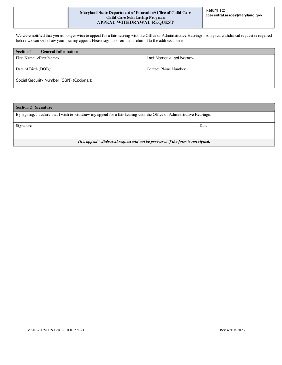 Form DOC.221.21 Appeal Withdrawal Request - Child Care Scholarship Program - Maryland, Page 1