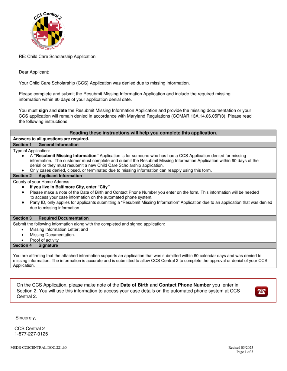 Form DOC.221.60 Resubmit Missing Information Application - Child Care Scholarship Program - Maryland, Page 1