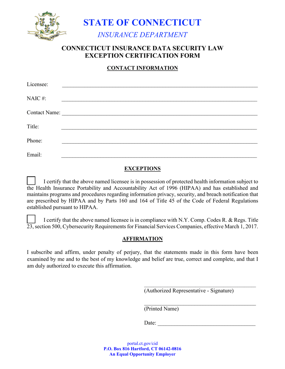Connecticut Insurance Data Security Law Exception Certification Form - Connecticut, Page 1