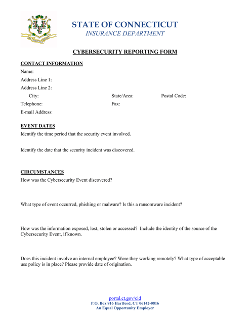 Cybersecurity Reporting Form - Connecticut Download Pdf