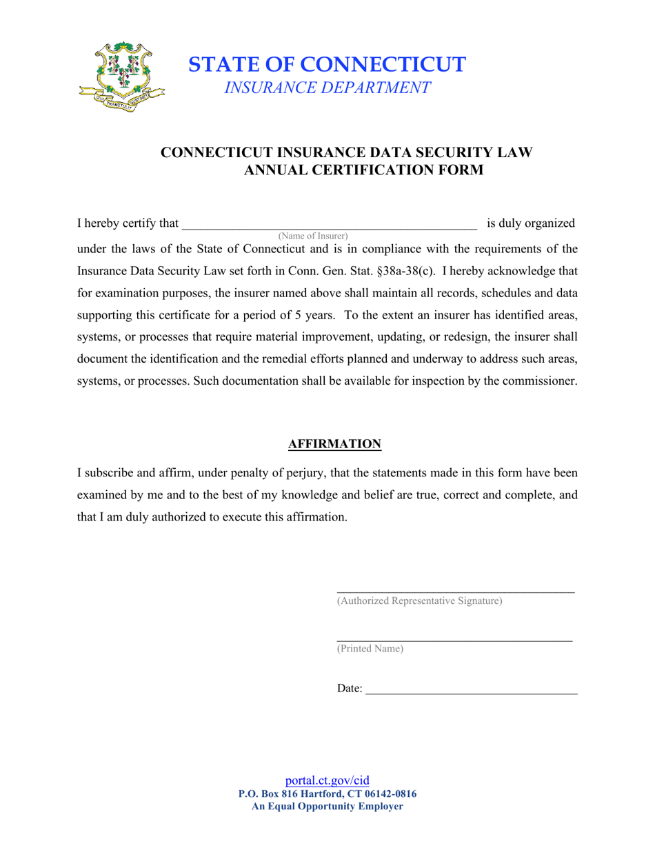 Connecticut Insurance Data Security Law Annual Certification Form - Connecticut, Page 1