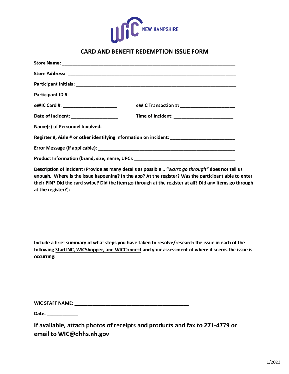 Card and Benefit Redemption Issue Form - New Hampshire, Page 1